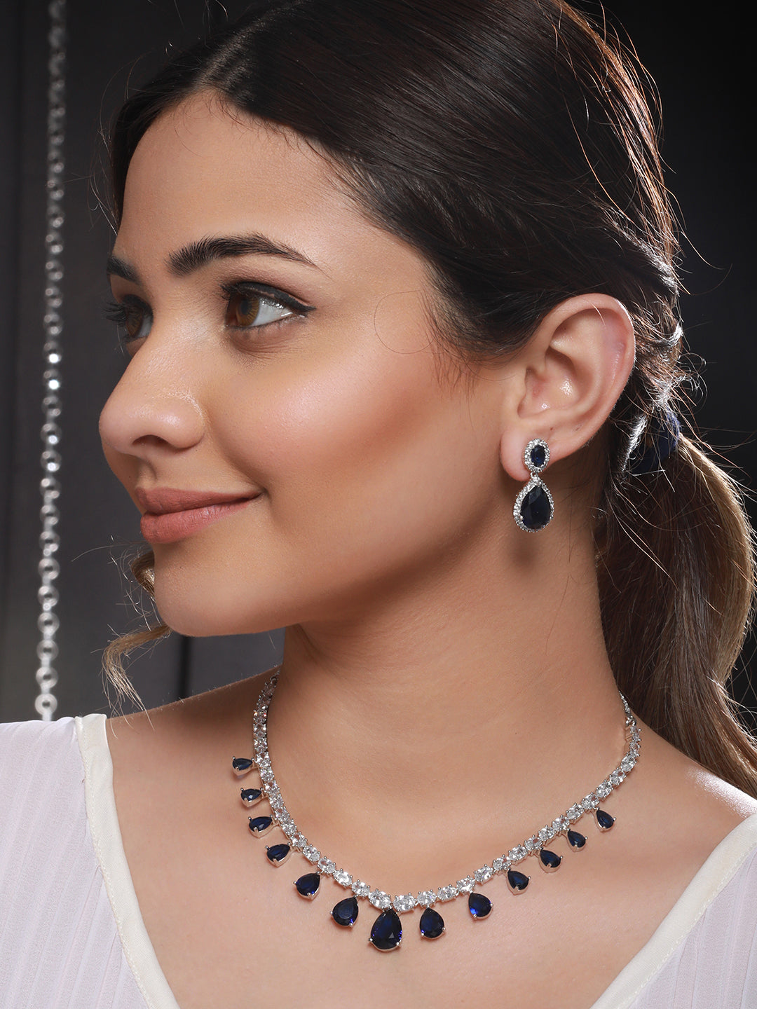 Silver Plated Blue CZ Studded Minimal Luxe Jewellery Set